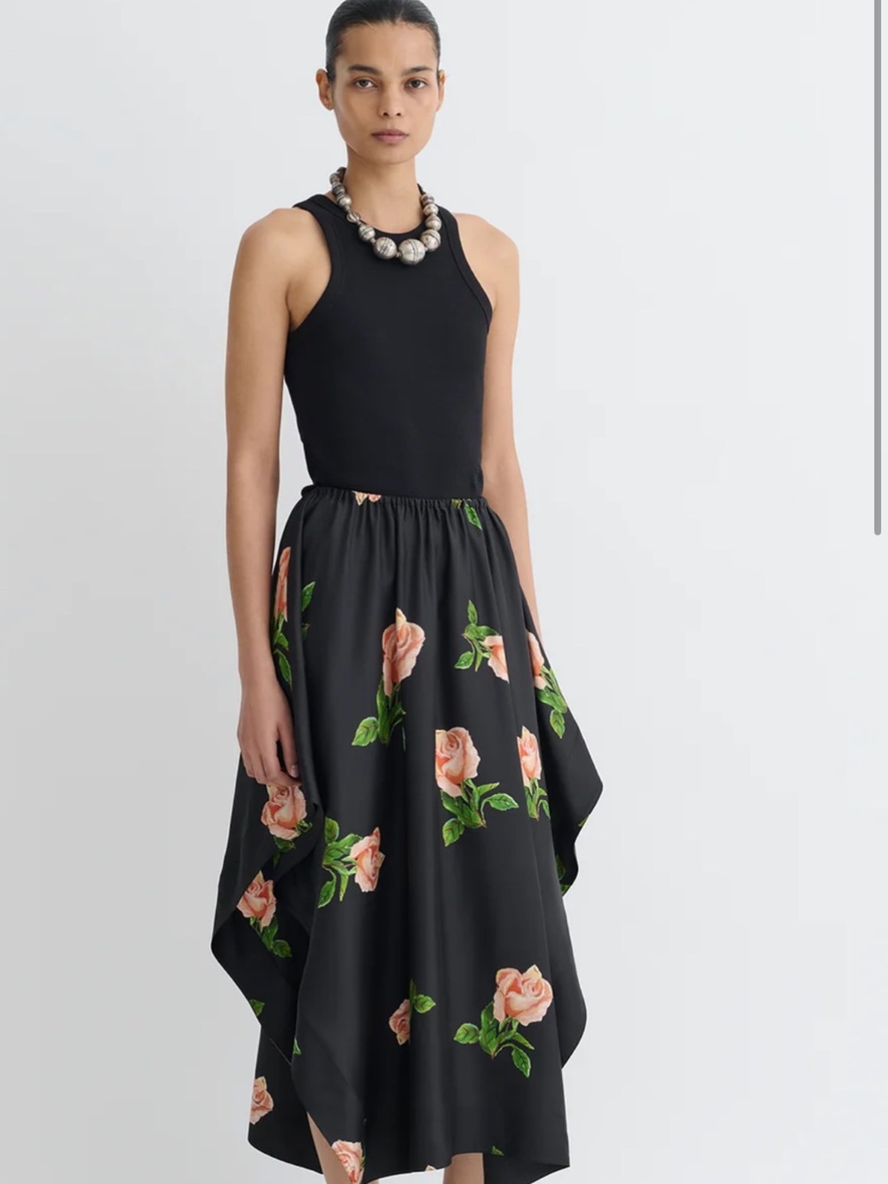 BNWT 100% SILK Nanushka Black Handkerchief-Hem Maxi Skirt with Peach Rose Print